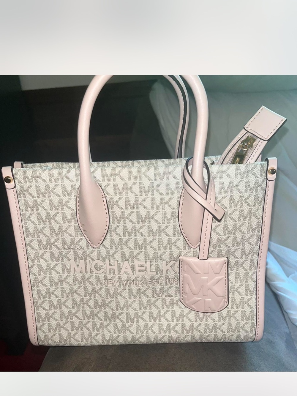 Michael Kors small tote/satchel in the signature vanilla MK monogram with blush
